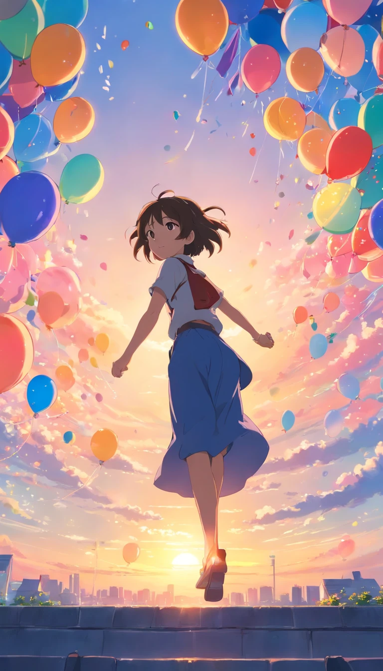 Girl flying in the sky,Surrounded by colorful balloons,,daysies,云,Warm and soft lighting,the sunset,(spark of light:0.7), tmasterpiece,Best quality,cinematic Film still from,