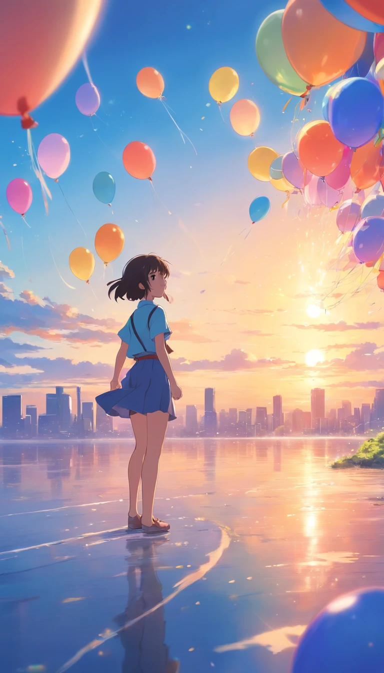 Girl flying in the sky,Surrounded by colorful balloons,,daysies,云,Warm and soft lighting,the sunset,(spark of light:0.7), tmasterpiece,Best quality,cinematic Film still from,