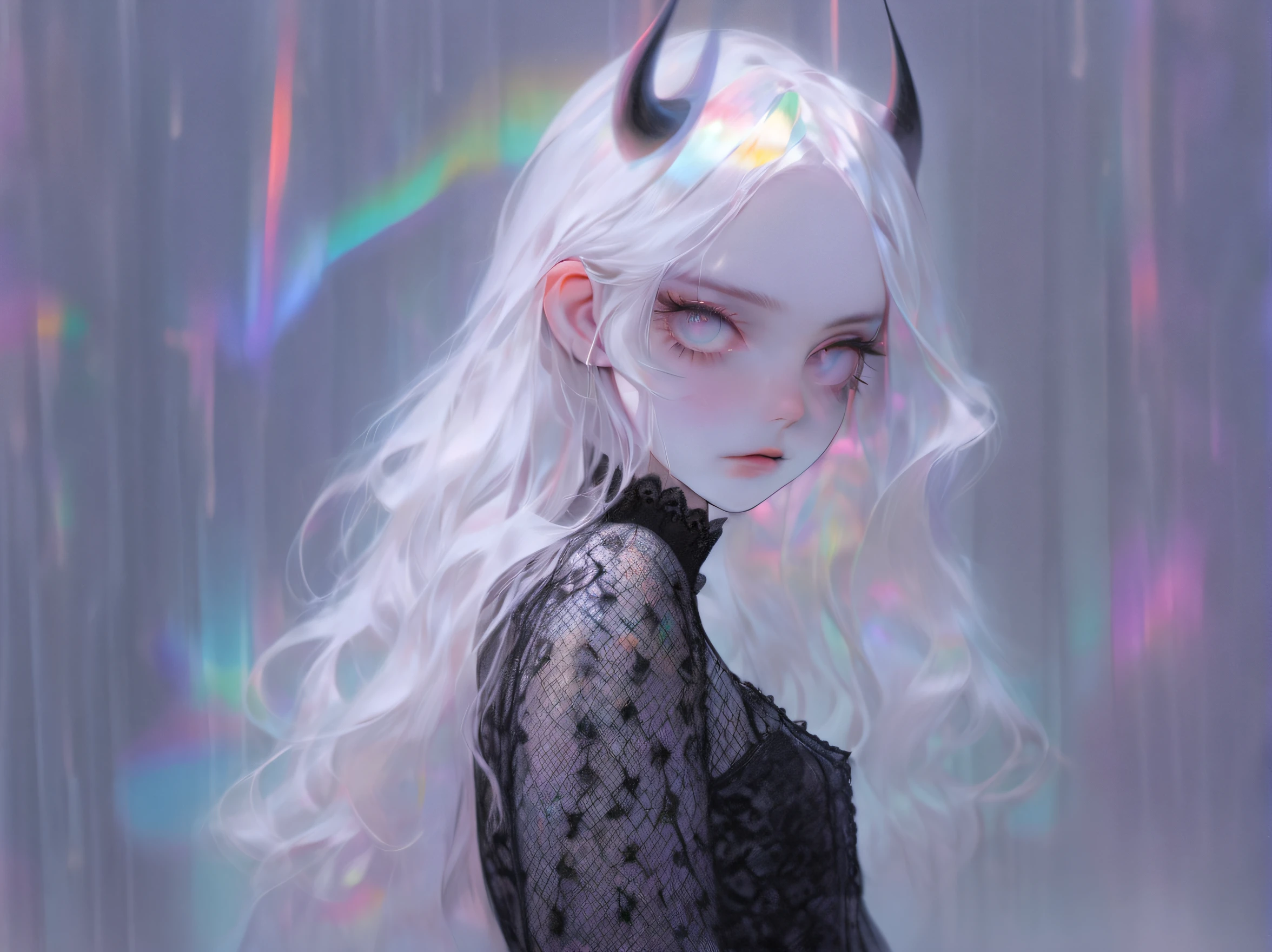 pale devil girl , ((above waist)), shot from far away, (largeeyes, Eyes are delicate and beautiful, Beautiful and delicate face, full body detailing), (prism shading, holo-infused ambiance, chromatic:1.2) Black lace shirt, Gothic background, (Long right angle:1.2) Sneakers with socks,