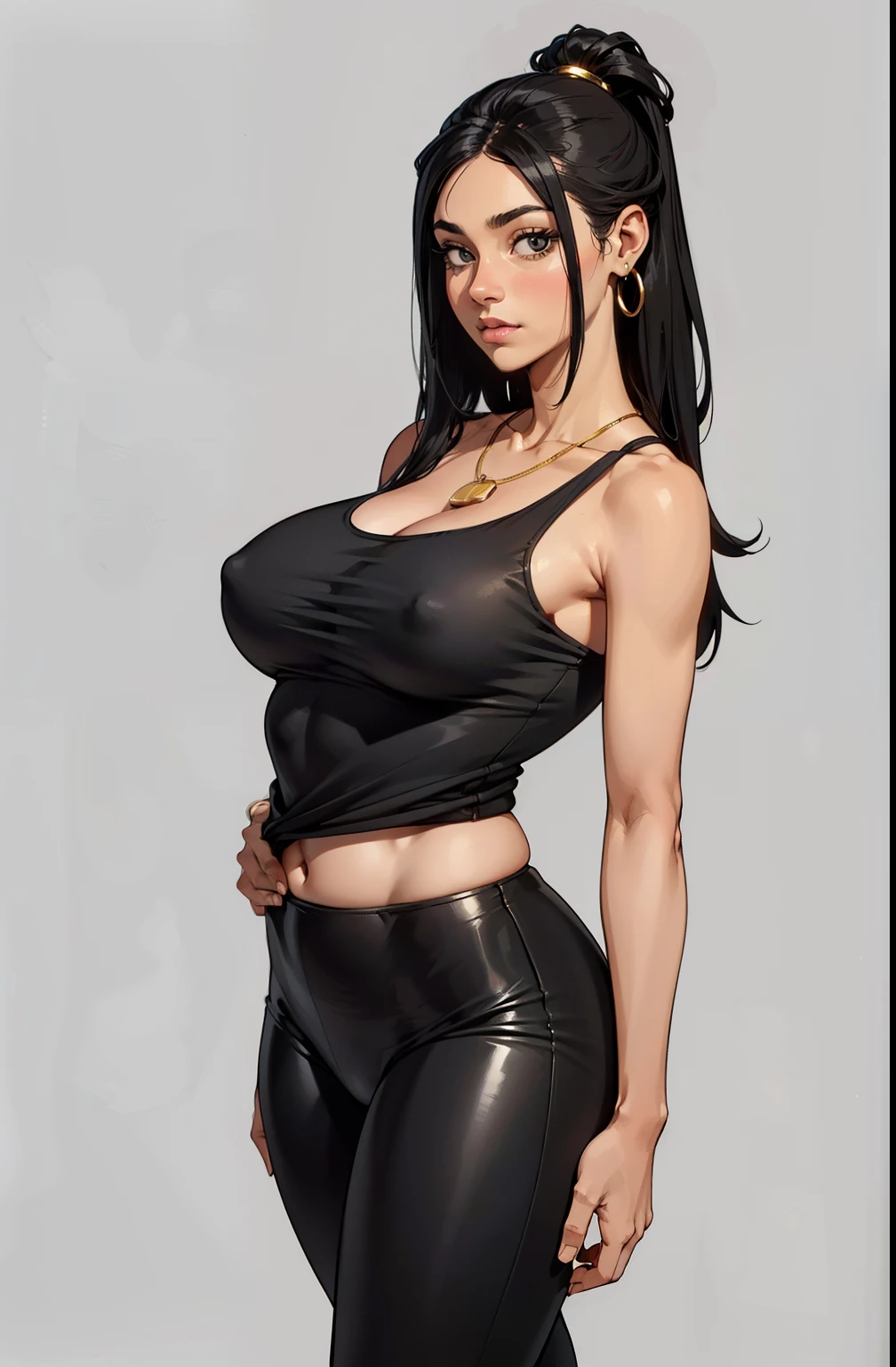 tight pants, black clothes, Street mode, streetwear, uma , pequena, fat, chubby, brown skin, large body, long hair, corpo todo, standing on her feet, studio background, childish appearance, chifres pequenos na testa, maquiagem, mascara, Lips are soft or colored, fundo preto simples, minimalismo, monotone, paletas de cores simples, limpo, Crisp drawings, silhuetas fluidas,, camisas curta, Asymmetric, geometric, Materiais e designs elegantes e luxuosos, Simple and minimalist accessories, Necklaces and thin rings in silver or gold, Pulseiras simples, Designs diferentes, silhuetas simples, estilo simples e sofisticado, elegence, minimalismo, materiais de alta qualidade, Fresh and urban printing, alta moda, Simplicity and sophistication, sexy, Erotic, decote, youthful appearance