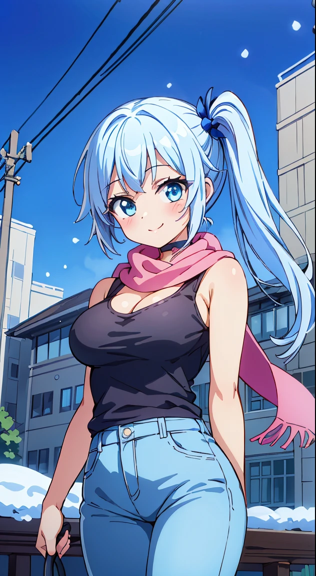 masutepiece,Best Quality,(Absurd realistic structure details),(High resolution complex and detailed text quality),(High-resolution microstructure、High poly 3 boobs boobs D rendering correction),Methods of geometry,Careful explanatory anatomy,
BREAK,
1 beautiful girl, 1 person,Solo,(Cute:1.5),(Chibi:0.6),(kawaii:1.5),(Lori:0.5),( years olirl),Very detailed,colourfull,highest details,Clear skin,Beautiful skin,Shy,Very detailed,colourfull,highest details,Clear skin,Beautiful skin,Shy skin,1 beautiful girl,{Heterochromia,blue eyess,verd s eyes:1.9},star eye silhouette, BREAK,(pale blue hair, Medium length:1.4),(Side Ponytail,A little curly hair,Single-sided twisted blade,Princess Cut:1.3),(cleavage of the breast,Large breasts,Beautiful , gleaming skin,Clear skin, Beautiful skin,(best quality face),(Top quality glowing eyes), (The best smile,Doya face:1.45), BREAK (Pink Theme:1.4), (Vivid colors:1.3), (A basic T-shirt under the vest:1.2), (Slim Fit Jeans:1.13),( sneakers:1.15),Looking at Viewer, Sparkle effect, random colored petals, Many petals, Fluttering petals, prismatic effects,
BREAK,(day), a closed mouth,(architecture, building, Choker, city, Cityscape, Outdoors, building, city,lamp post, Power lines, scarf, skyporn, Snow, Solo, utility pole, Winters:1.55), Waterfall,depth of fields,
BREAK,wakame,wakame,wakame,(Cowboy Shot:1.4),
BREAK,(Blurry background:1.3),(absurderes, hight resolution, Super Detail Art),cel shading,Clear Color, Lonely optical effect, Beautiful pictures, Bright glow, mystic atmosphere,(Close-up of girl:1.1), Mystical light particle effect,manga influence, clean line drawings,
