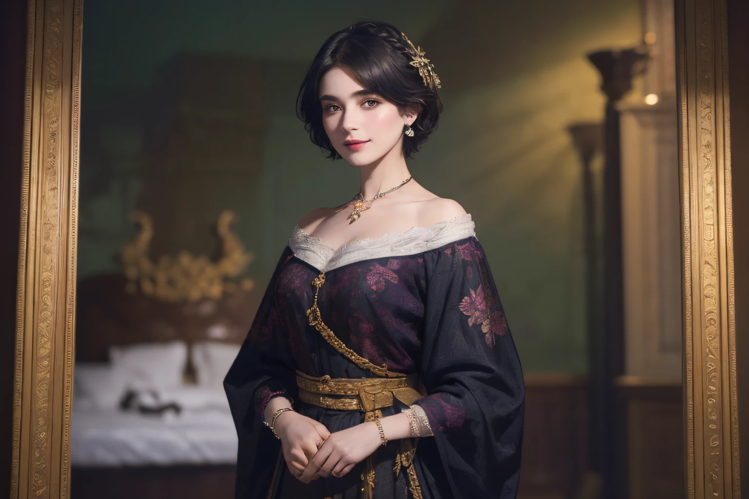 118
(a 20 yo woman,is standing), (A hyper-realistic), (high-level image quality), ((beautiful hairstyle 46)), ((short-hair)), (Gentle smile), (brest:1.1), (lipsticks), (florals), (light and dark), (rembrandt painting), (Luxurious room), (depth of fields)