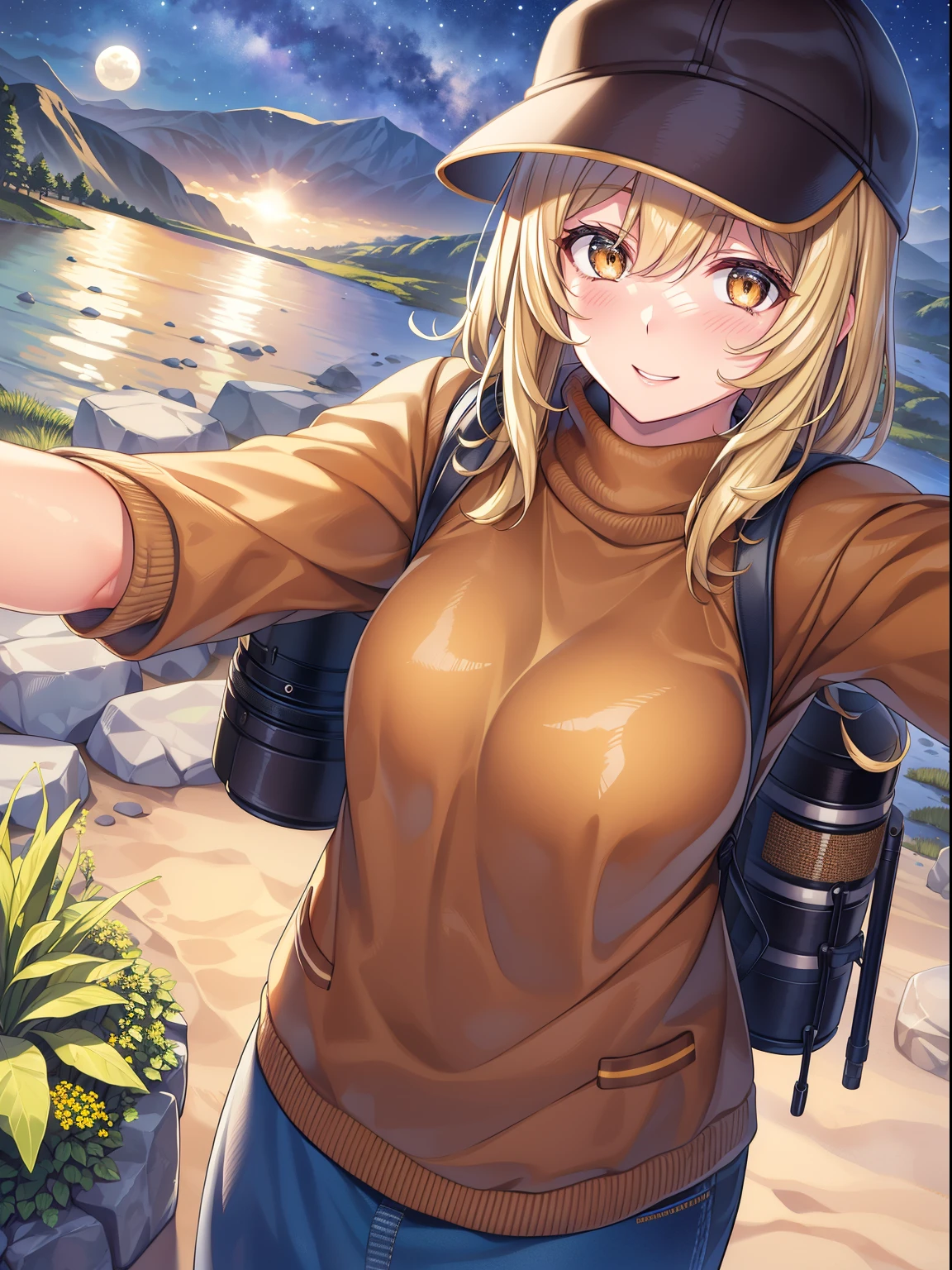 VeronicaCipher ((upper body selfie, happy)), masterpiece, best quality, ultra-detailed, solo, outdoors, (night), mountains, nature, (stars, moon) cheerful, happy, backpack, sleeping bag, camping stove, water bottle, mountain boots, gloves, sweater, hat, flashlight, forest, rocks, river, wood, smoke, shadows, contrast, clear sky, analog style (look at viewer:1.2) (skin texture) (film grain:1.3), (warm hue, warm tone) :1.2), close up, cinematic light, sidelighting, ultra high res, best shadow, RAW, upper body,  , wearing pullover
kodak vision 3,