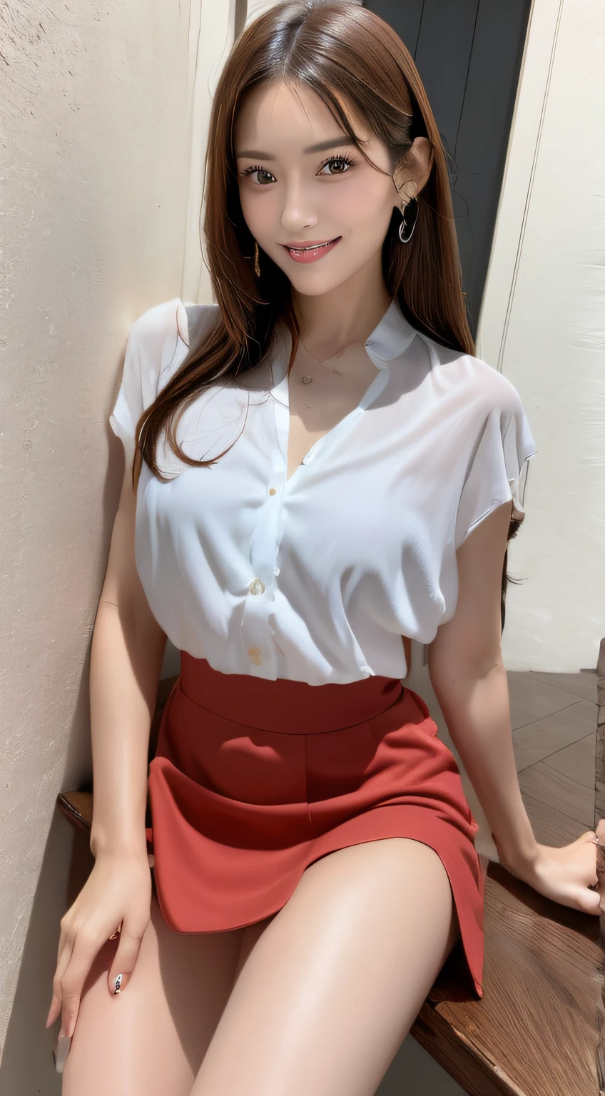 (Best Quality, masutepiece, Ultra HD: 1.3, High brightness, High color saturation), 1girl in, （middlebreasts）, light brown hair, Asymmetrical hair, straight haired, Long hair, （ slender body shape, Constricted waist）, （Ultra Fine Face）, Delicate lips, （beautidful eyes）, thin blush, eyes are brown, perfect glossy skin, View here, Smiling smile, （ hide one's hands）, （Sitting on a bench）, （thin and long legs, Thighs and toes:1.5), See-through white blouse, （Black enamel mini skirt*1.5）, （Black stockings）, (a japanese girl, hposing Gravure Idol), Broad-leaved forest, 135 mm, Fuji Film