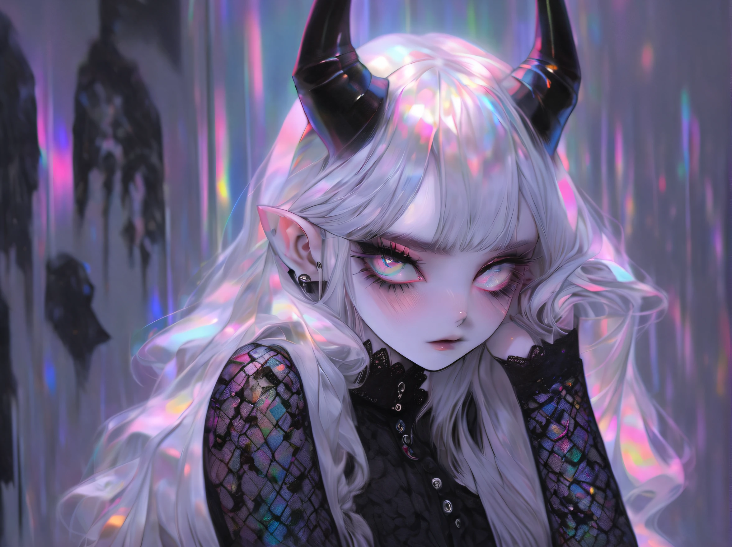 pale devil girl , ((above waist)), shot from far away, (largeeyes, Eyes are delicate and beautiful, Beautiful and delicate face, full body detailing), (prism shading, holo-infused ambiance, chromatic:1.2) Black lace shirt, Gothic background, (Long right angle:1.2) Sneakers with socks,