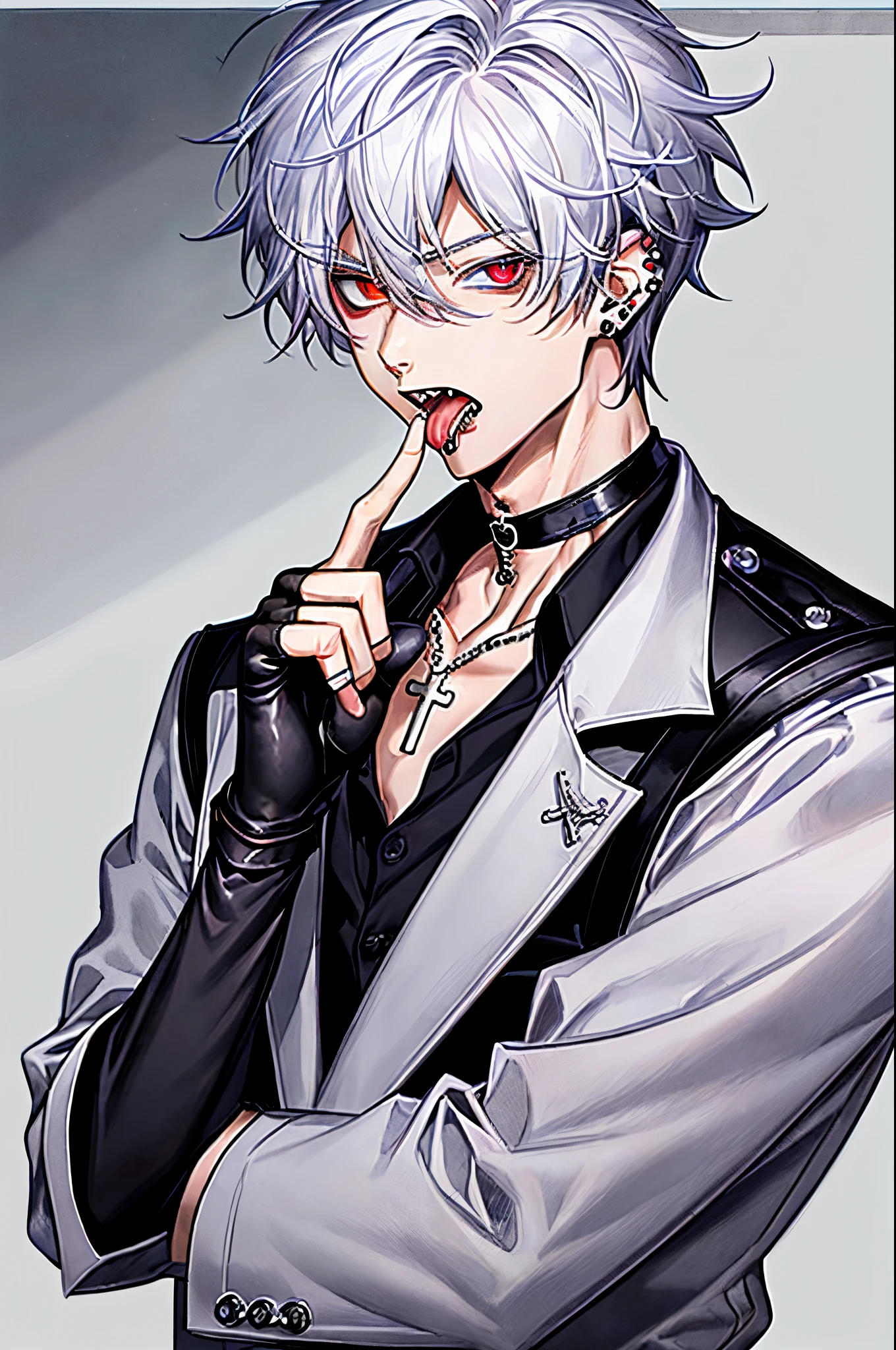 Masterpiece, best quality, high quality, ultra detailed, 1boy, solo, 15-year-old, looking at viewer, open mouth, blue eyes, shirt, red eyes, gloves, hair between eyes, jewelry, upper body, white hair, male focus, teeth, choker, tongue, black gloves, tongue out, fingerless gloves, necklace, star, (symbol), collar, black shirt, heterochromia, fangs, black choker, cross, bandaid, ear piercings, tongue piercing, cross necklace, finger in own mouth, mouth pull,