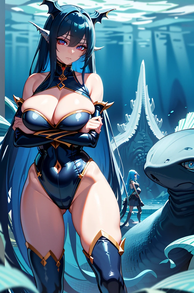 ((sea monster girl)) Masterpiece, best quality, 1 girl, long hair, Beautiful Eyes, Perfect Eyes, ((Dark blue Hair)), ((long hair)), ((Girl with leviathan features, Girl with huge tail , Blue skin, dominating gauze, girl with scales, View of a giant Girl, detailed tail, huge tail, girl with tail, sea creature tail)), ((Standing)), ((posing with crossed arms)), Sexy, Sensual, Cyan Blue eyes, ((Nice Thighs, Huge Boobs, Extra Huge Breasts)), ((Dominant look at viewer)), creatures in the background, giant creatures in the background, adult woman, seductive, big bust, Dominant look at viewer viewer, underwater background, darkness in the background under the ocean, depths of the sea in the background, ((underwater))