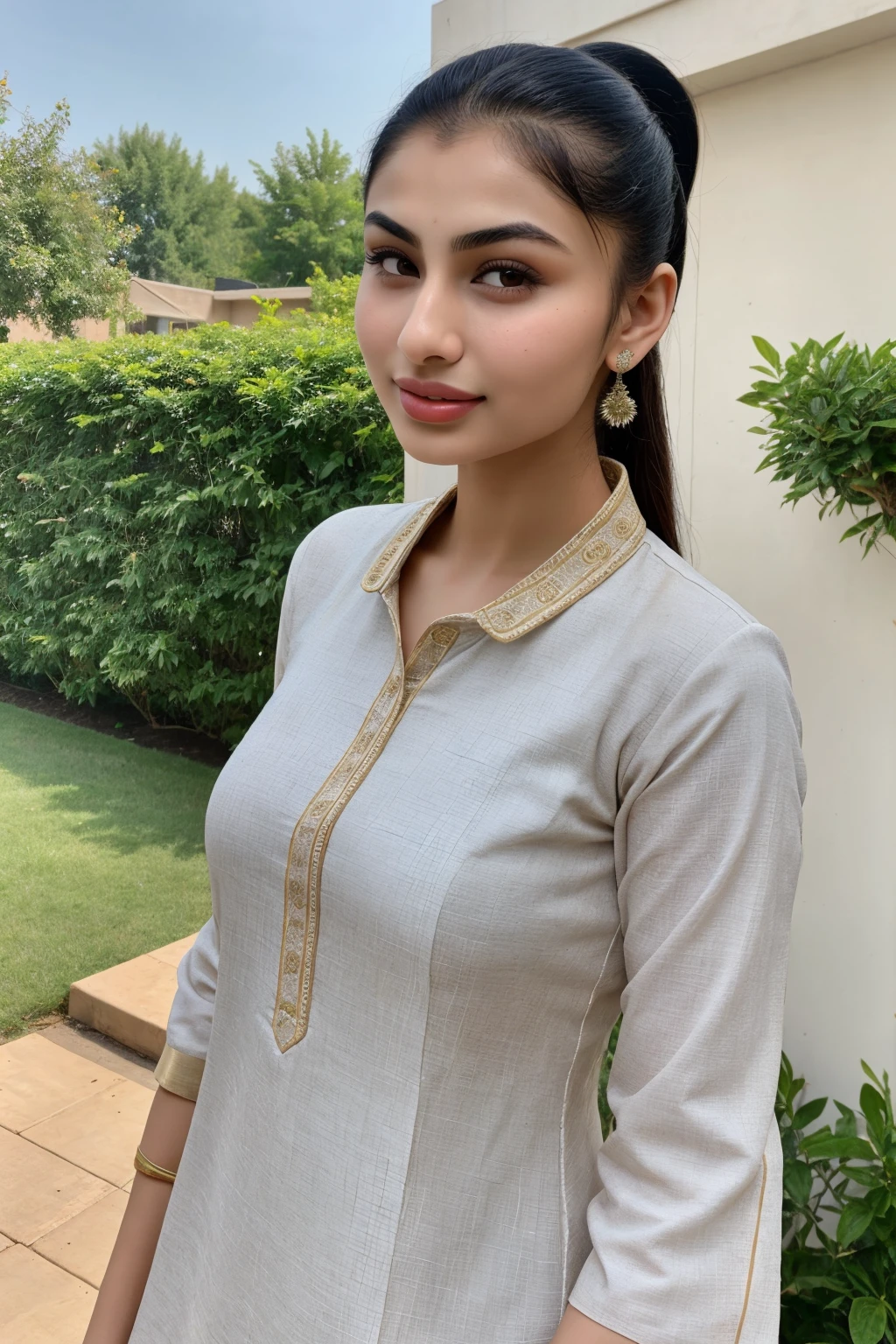 16 years old girl named mouni roy, wearing kurti, smirking, sleek high ponytail, backyard, without makeup, selfie