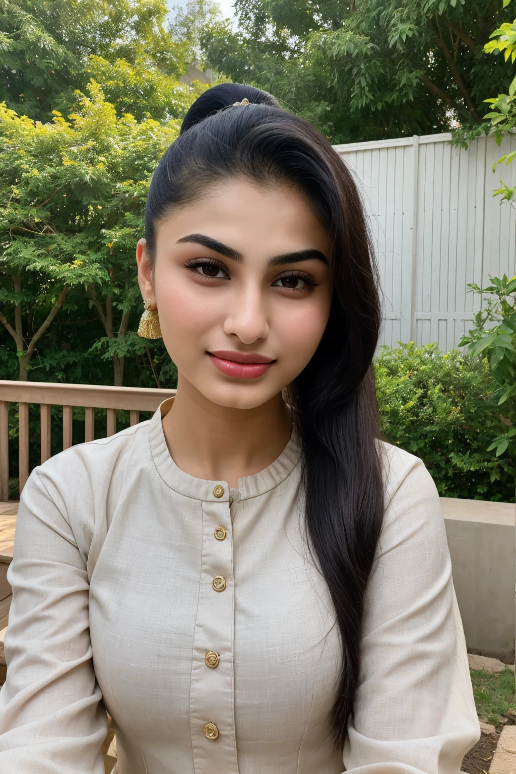16 years old girl named mouni roy, wearing kurti, smirking, sleek high ponytail, backyard, without makeup, selfie