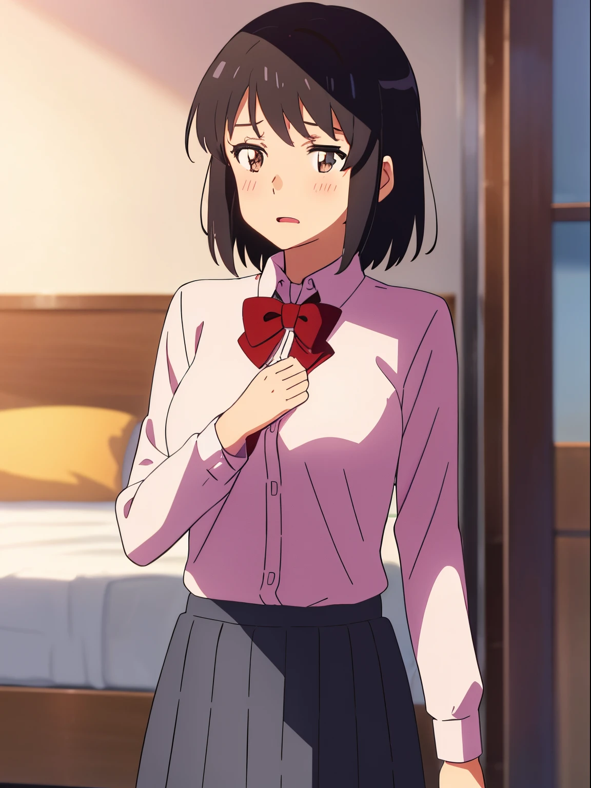 shinkai makoto, kimi no na wa., 1girl, bangs, open mouth, black hair, blush, breasts, medium breast, brown eyes, red bow, short hair, solo, upper body, white long sleeve shirt, medium breast, cowboy shot, standing , medium breasts, on back, grey skirt, bedroom, covering her chest