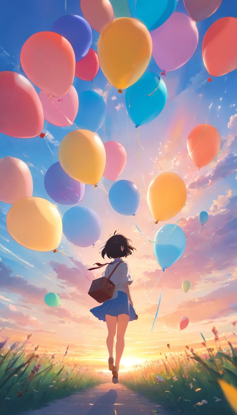 Girl flying in the sky,Surrounded by colorful balloons,,daysies,云,Warm and soft lighting,the sunset,(spark of light:0.7), tmasterpiece,Best quality,cinematic Film still from,