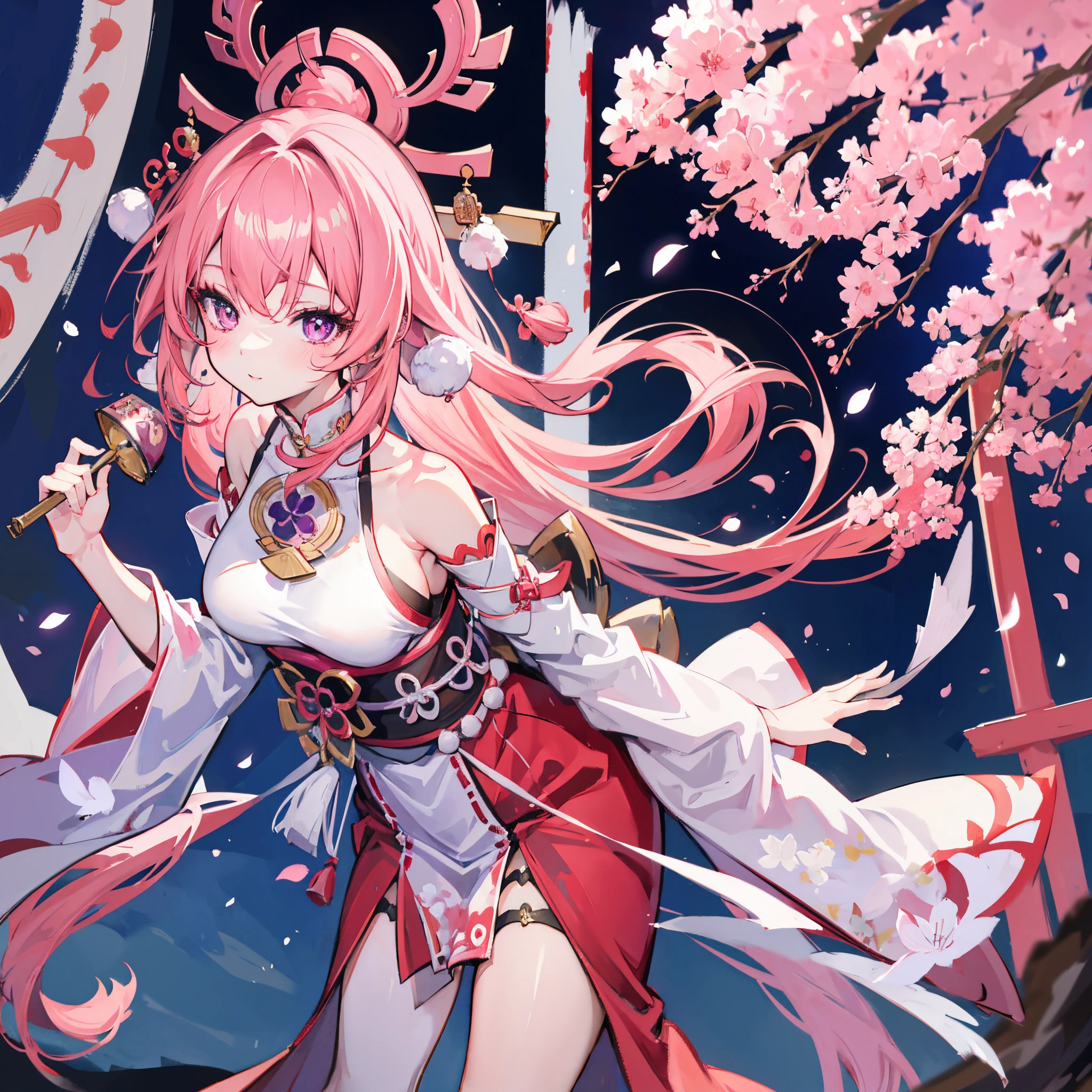 1个Giant Breast Girl, (ulzzang-6500:0.7), K-pop idol, YaeMiko, separated sleeves, exposed bare shoulders, with pink hair, long whitr hair, Japanese clothes, Best quality at best, (painting of a:1.5), (hair adornments:1.35), jewely, a purple eye, 耳Nipple Ring, nedium breasts, torii, SakuraNS, lantern light, depth of fields, 详细的脸, Face focus, ribbons_manicured, (looking at viewert:1.25), Non-traditional witches, Glossy glossy skin, longer sleeves, ssmile, Thick lips, GameCG, hands on lips, east asian architecture, (vague background:1.2), sitted, The upper part of the body,