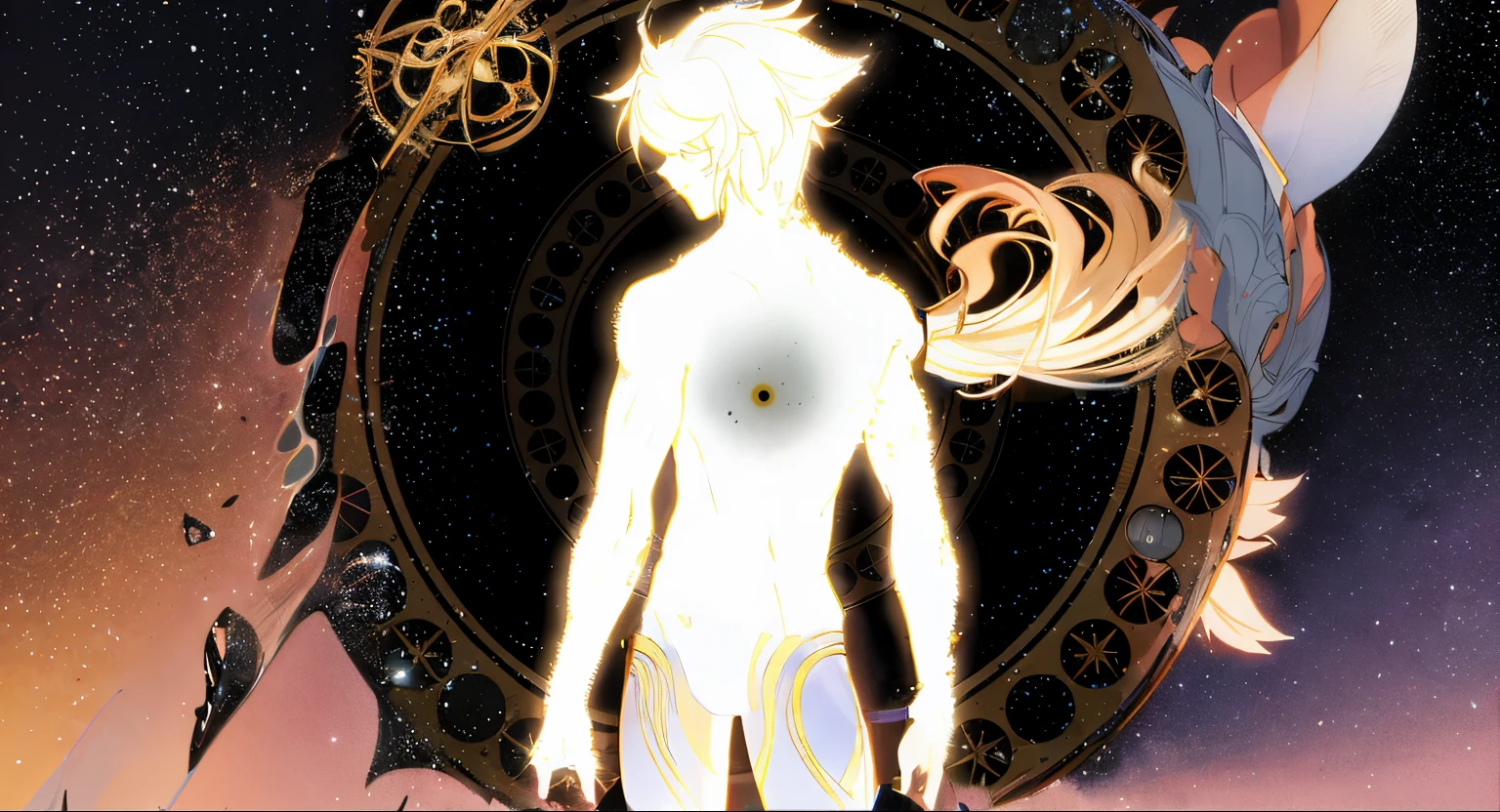 imagem de anime de um homem com uma cruz no peito, Um enorme deus gigante celestial, astral appearance, upper body visible, aura negra brilhante, com runas brilhantes no corpo, metade superior do corpo, Skinny Masculino Fantasia Alquimista, whole body view, aura branca brilhante, Anime Art Nouveau Cosmic Display, tiro de corpo inteiro, centrado no painel, corpo de luz de fundo