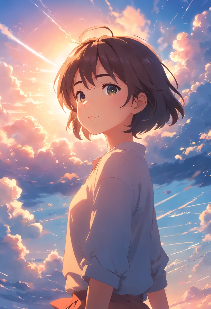 masterpiece, best quality, movie still, 1girl, cloud girl, floating in the sky, close-up, bright, happy, warm soft lighting, sunset, (sparks:0.7)