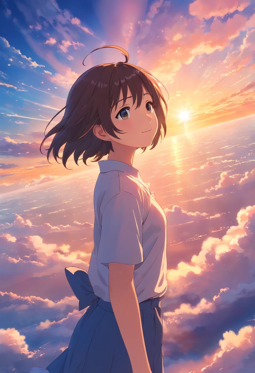 masterpiece, best quality, movie still, 1girl, cloud girl, floating in the sky, close-up, bright, happy, warm soft lighting, sunset, (sparks:0.7)