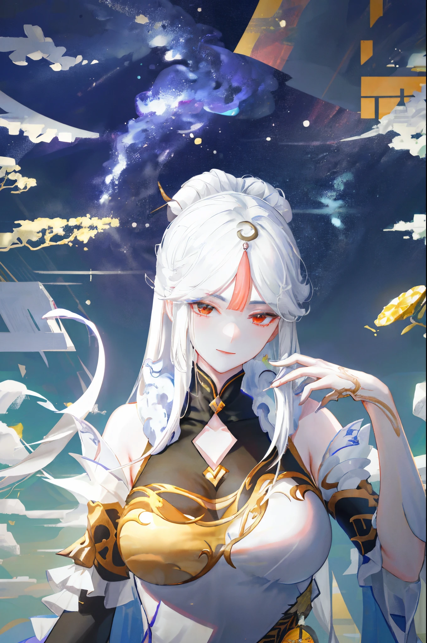 One in a white dress、closeup cleavage, white-haired god, 《the first god》Ke Qingyu, Kushatkrenz Key Artistic Women, palace ， A girl in Hanfu, guweiz, 《the first god》Zhongli in Zhongli, Guviz-style artwork, drank, guweiz on pixiv artstation