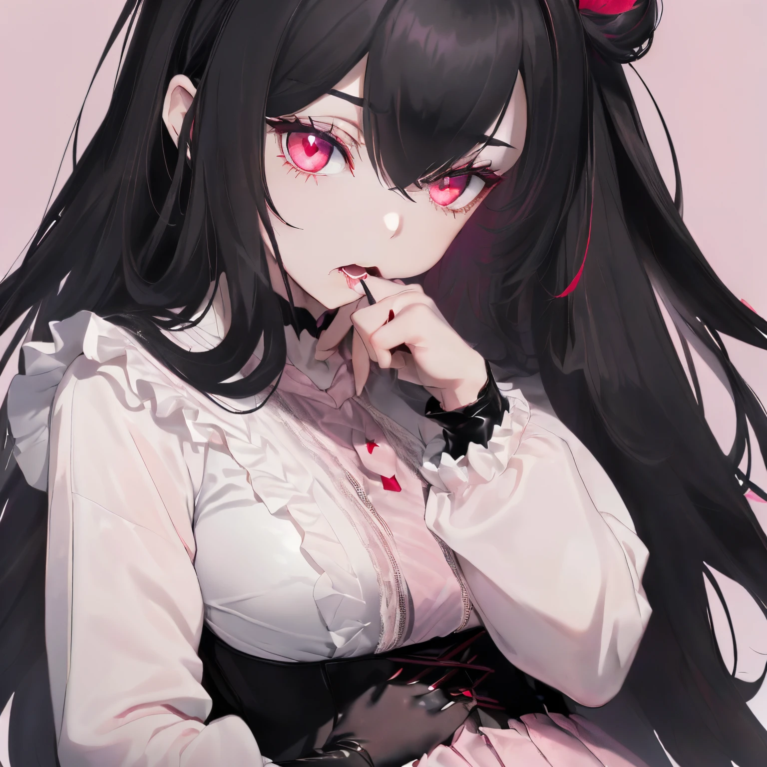 ((Black hair)),((Medium Hair)),((super straight hair)),((pale pink eyes)),(bishop sleeve long sleeve clothing),(White lace vest),(red wide hair band),((black leather long skirt)),((Feeling of fatigue and weakness)),((hug)),Slight red tide,(Open your mouth and try to bite),(Vampires),((tusk)),(Yodare),(Kamimei),((close up of face)),