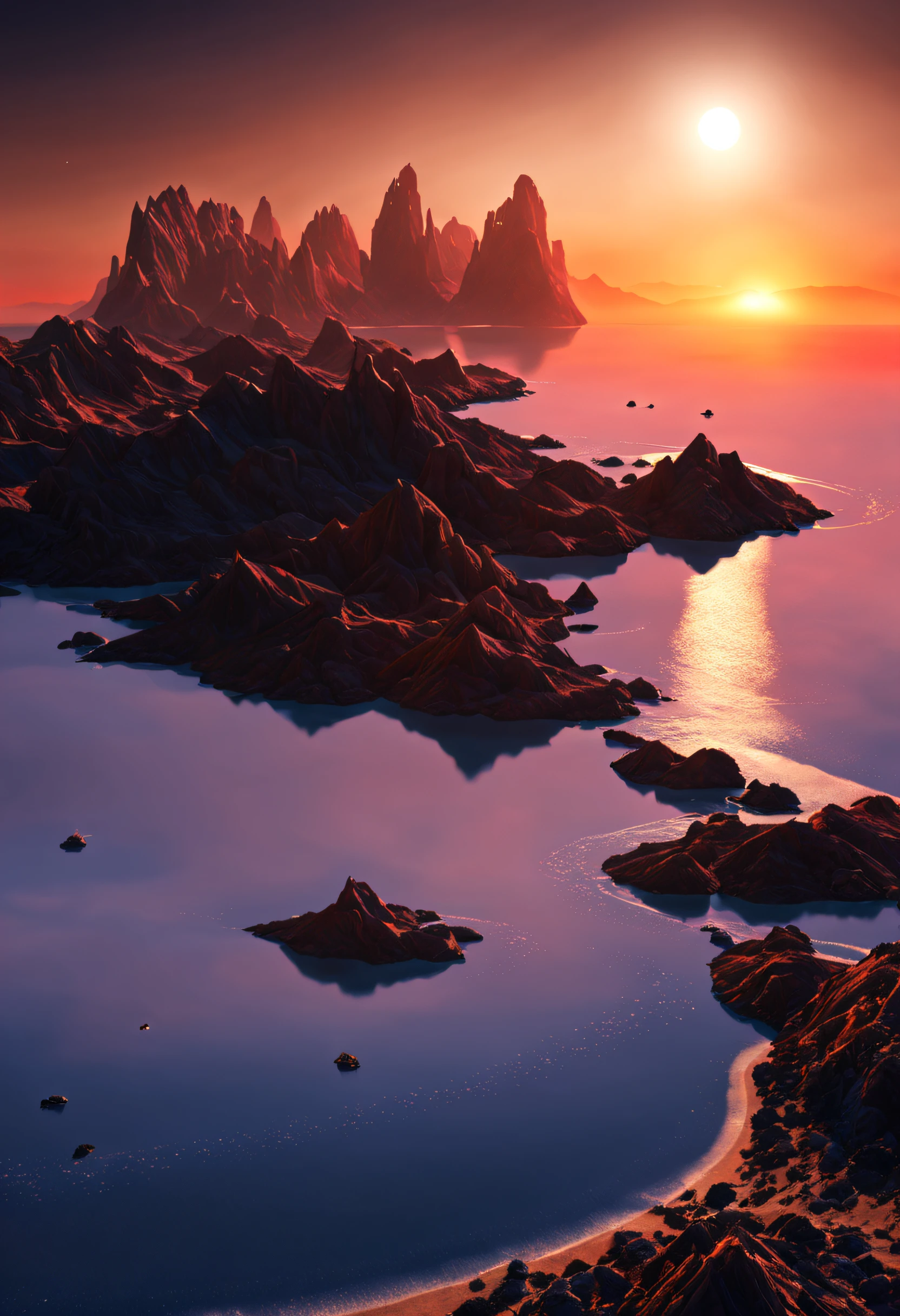 A beautiful sunset on an offshore planet, with moons and galxy visible. It's very detailed and textured