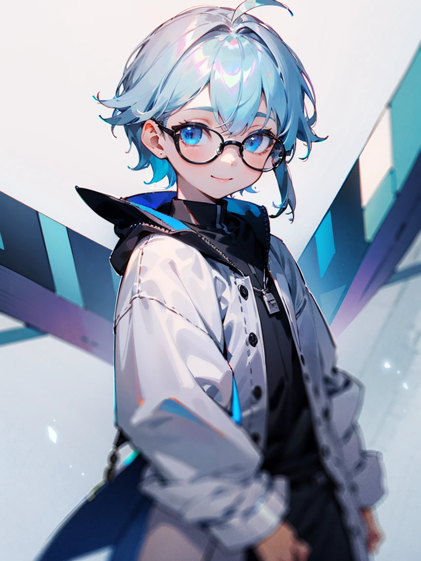 Male child, Black glasses,blue eyess,Cowboy Shots,A smile, silber hair,Daytime,Iridescent background,