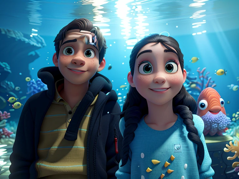 there are two people standing in front of a large aquarium, standing under the sea, fish in the background, with her long, in the ocean, under the ocean, aquarium, in the sea, under the sea, underwater photo, you see fishes, pov photo, selfie photo, underwater shot, see fishes swimming, vacation photo, selfie, with godray