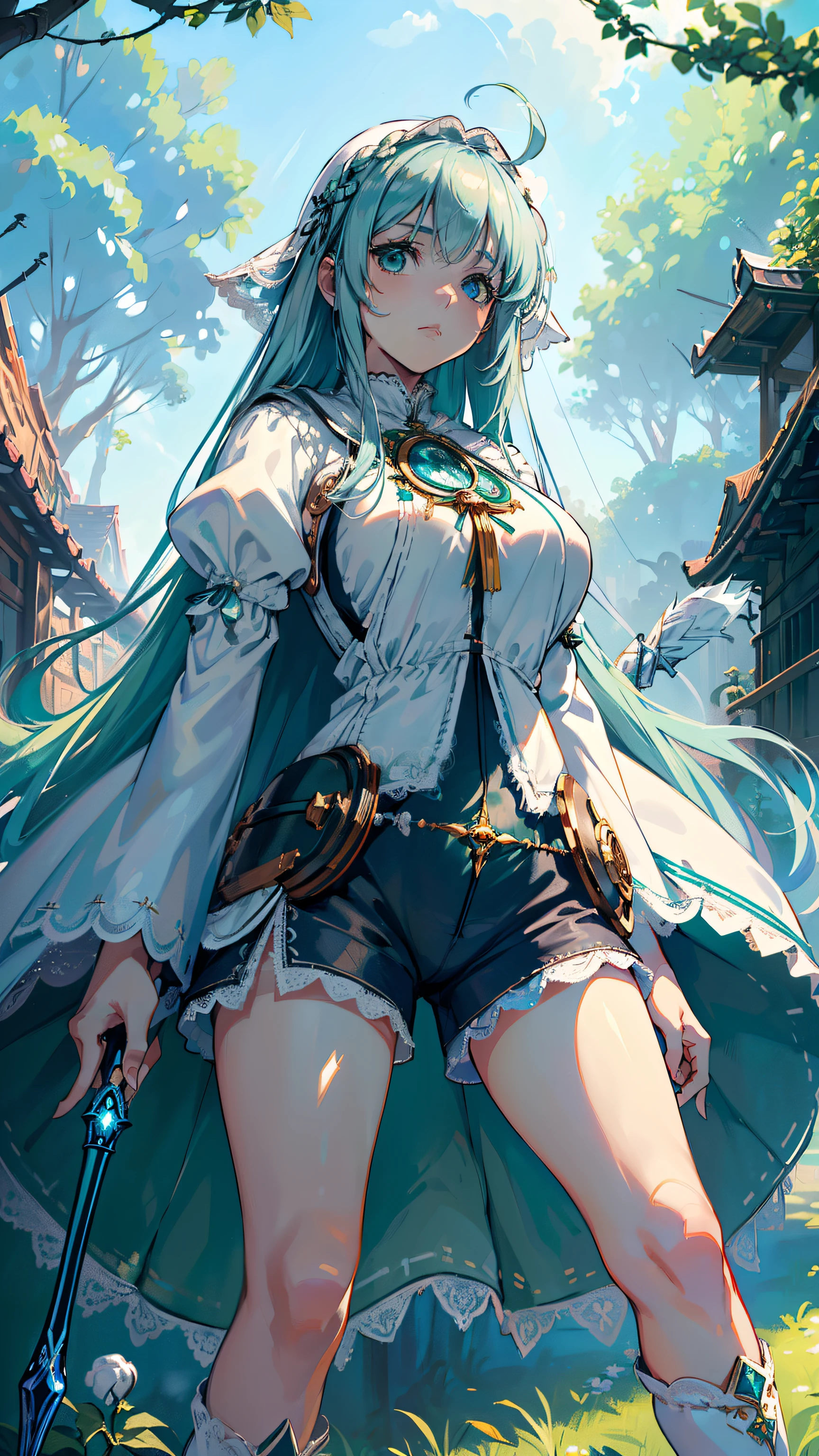 masutepiece, ultra-detailliert, 8K Portrait, Raw photo, a portrait photo of, Highly detailed face, beautiful and meticulous eyes, ((Fantasy)), Young beautiful, (((Female priest))), (((((Stand and spread your legs))))), (((light blue long thin hair))), (Ahoge), (((asymmetrical bangs))), Gentle face, White skin, (((Green and blue puff sleeve lace shrine maiden outfit))), (((White cloak))) Fluttering in the wind, (((Low leg cotton wide shorts))), Leather boots, ((((equip a long magic wand)))), Midday Sun, Hyper realistic, Body model, Small breasts, Beautiful breasts, Long legs, In the Adventurer's Guild of the Middle Ages, Ambient lighting, Shadow details, Camera focus on face, strong breeze, Light fog