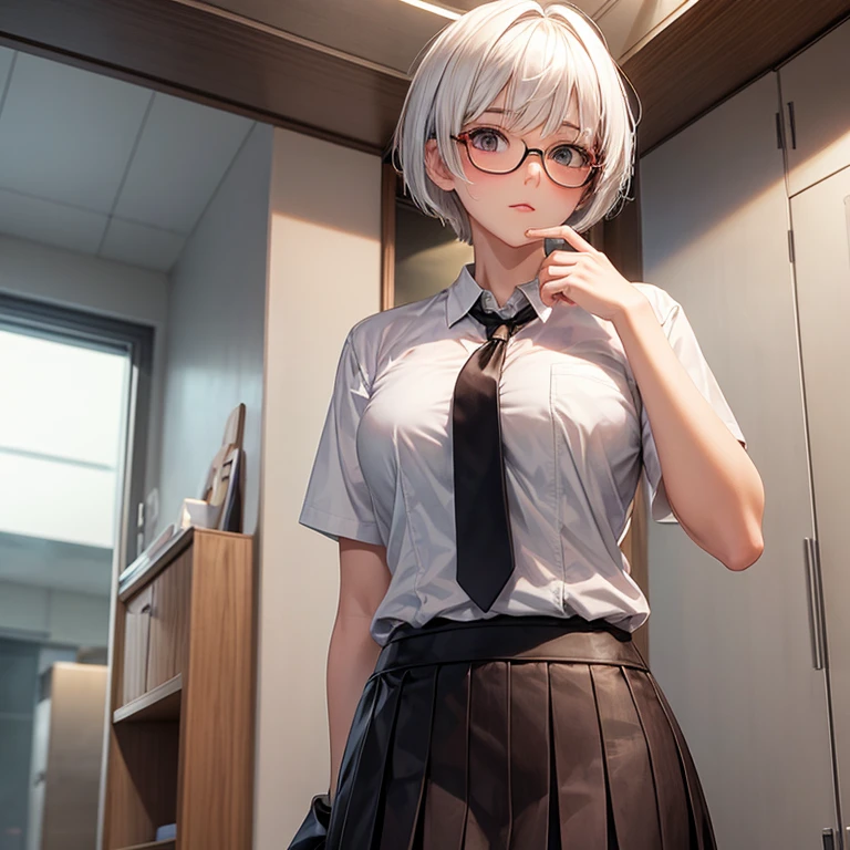 16 year old woman with white hair......., Short Hair Hair, big round glasses, Brown eyes, Wear a white shirt with a tie. Wear a short skirt being sexed
