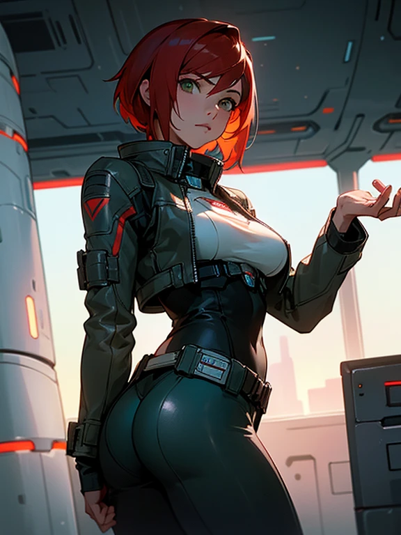 ((Best quality)), inside spacestation, looking out into space, Female shepard from mass effect series, short red hair, pale green eyes, muscular build, wearing casual clothes, leather jacket, open jacket, breast, ass, cleavage, looking into space