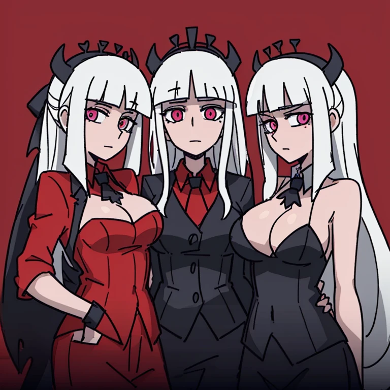 2d, masterpiece, Top Quality, Highly detailed eyes, highly detailed face, standing shot, 3girl, standing at, Black background, pink background, helltaker, azazel \(helltaker\),