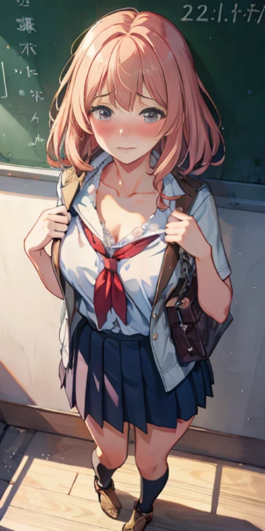 Realistic, plein air, 1 wall, Wide Angle,1girl in, Long hair, Shy, embarrassed, blushed, Wide Angle, POV, From  above, Standing, shackles were placed around the neck, the neck is chained to the wall, (Bra, pantiy), llight rays, Glow, (masutepiece), Wallpaper