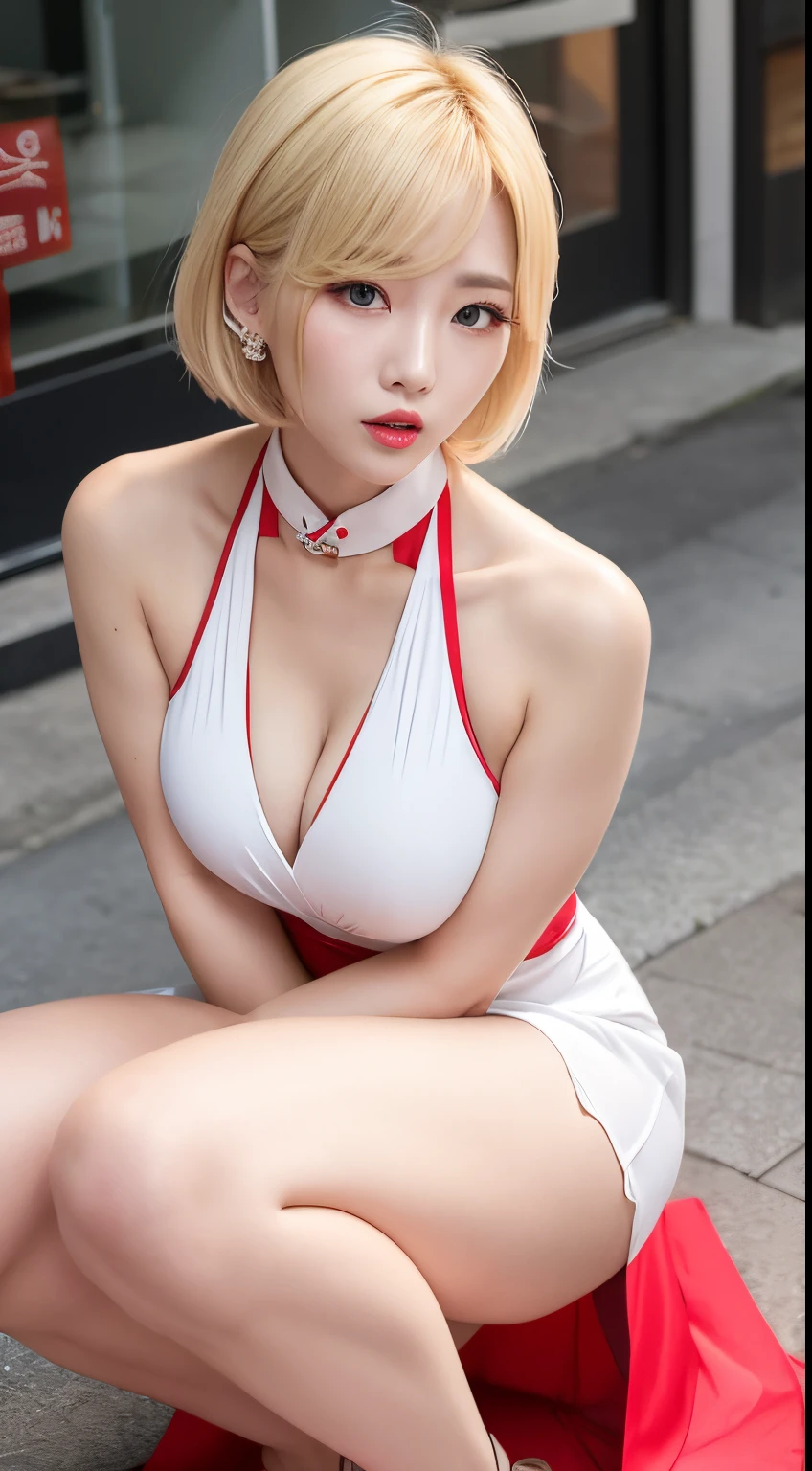Korean Idols modeled A MILF a blond Shorthair Colossal tits bright red lips Orchan Makeup Enamel white cheongsam long dress Teary-eyed Looking at the camera Midsummer night neon street