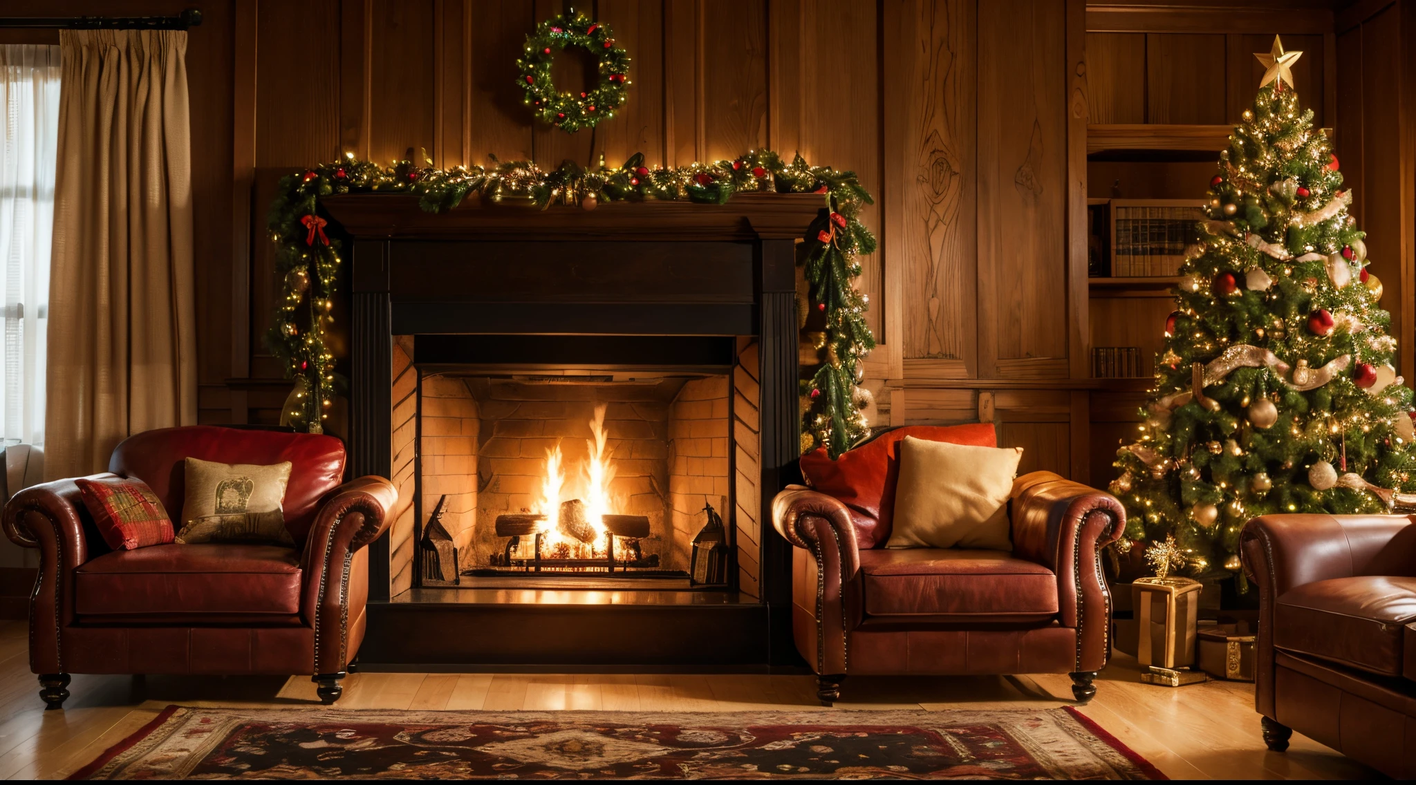 Indoors, fireplace, couch, Christmas tree, Christmas decorations, , 1 couch, 1 fireplace, cozy, absurdres, high res, ultrasharp, 8k, masterpiece