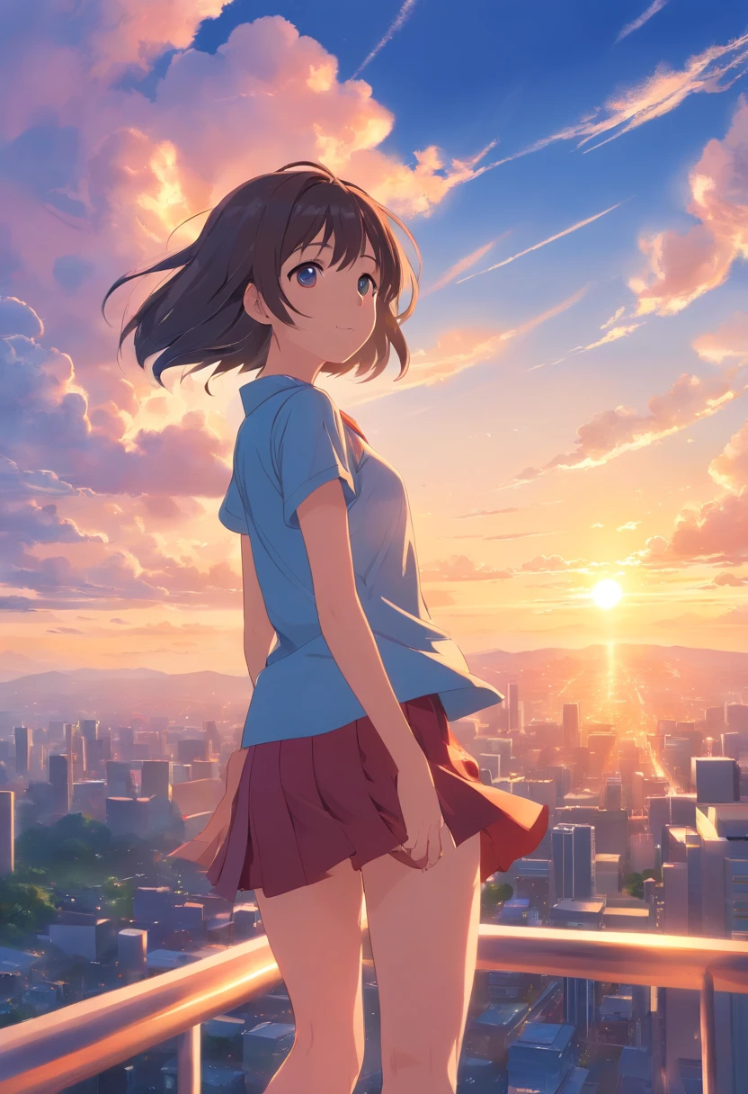 ​masterpiece、top-quality、Movie stills、1girl、Cloud Girl、floating in sky、a closeup、发光、happiness、Warm soft lighting、the setting sun、(Spark:0.7)、huge tit、a miniskirt、hi-school girl