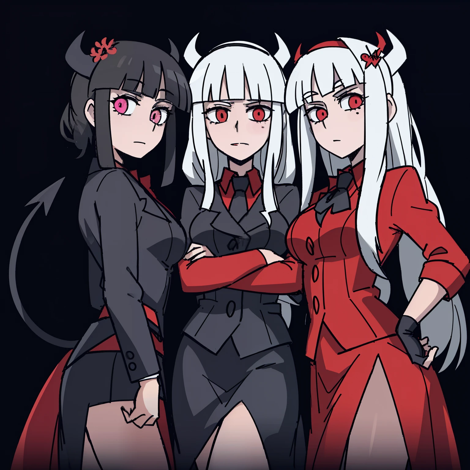 2d, masterpiece, Top Quality, Highly detailed eyes, highly detailed face, standing shot, 3girl, standing at, Black background, pink background, helltaker, azazel \(helltaker\),