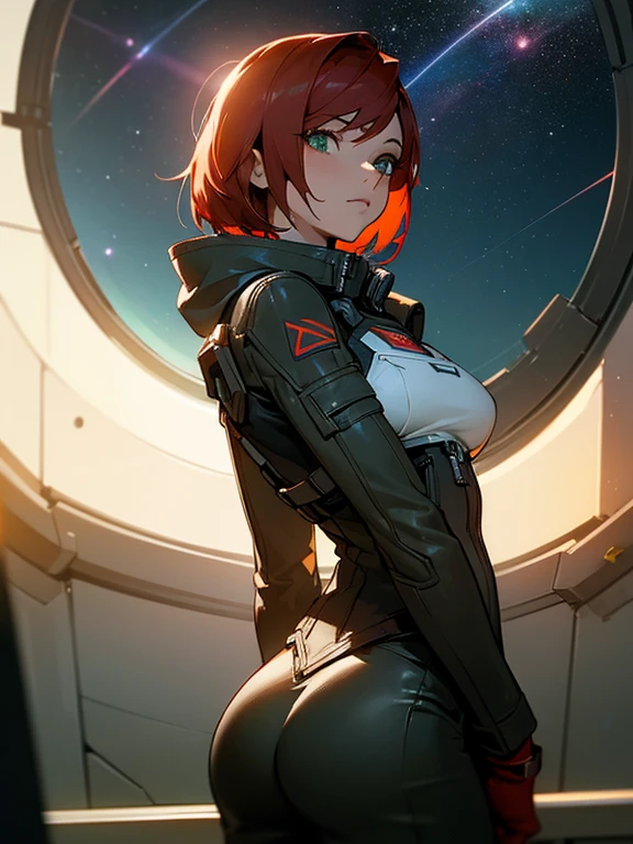 ((Best quality)), inside spacestation, looking out into space, Female shepard from mass effect series, short red hair, pale green eyes, muscular build, wearing casual clothes, leather jacket, open jacket, breast, ass, cleavage, looking out into space, stars, sun, sun flare