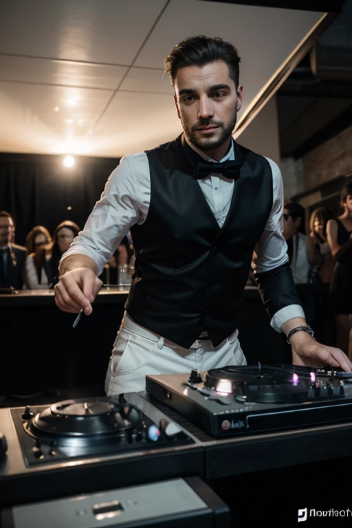 ultra realist, dj, garçon faisant de la musique, elegant soirée, public heureux autour