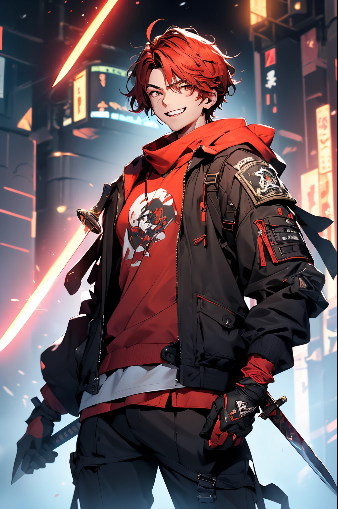 ((masterpiece,bestquality)),An 18 year old young man with red hair, short messy hair, golden eyes, smile, red long sleeved shirt, black gloves, doomsday style, black scarf, black pants, cheerful, happy expression. relaxed posture ((The weapon is a two-handed dagger. Has a black aura)) red black glow effect