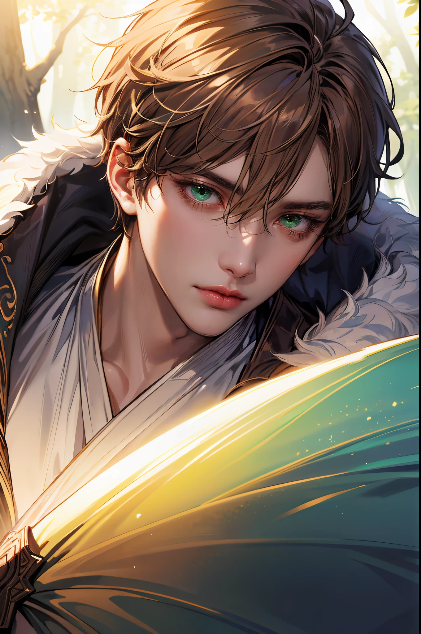 (absurdres, highres, ultra detailed, original character, HDR), 1boy, solo, handsome, (tall muscular guy, broad shoulders), finely detailed eyes, ((fluffy short light brown hair)), hair between eyes, forehead, emerald green eyes, magical spell, fantasy, white robe, ((portrait)), face focused, fairy colorful forest scenery, colorful light, rainbow colored trees, fantasy greek castle, long face, closed mouth, looking away, depth of field, sunlight, flare