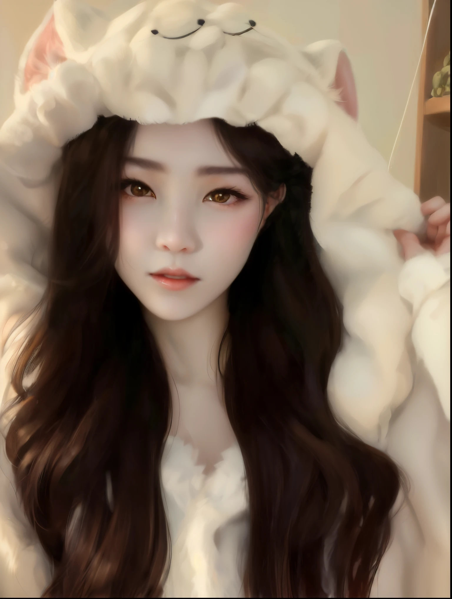 Close-up of a girl wearing a white cat costume, ,Very beautiful cute sexy catwoman,   cute beautiful, ultrarealistic sweet bunny girl,, Korean face, Melon seed face，Dilireba with pointed chin, beautiful lovely, young and lovely Asian face, White skin of the，
