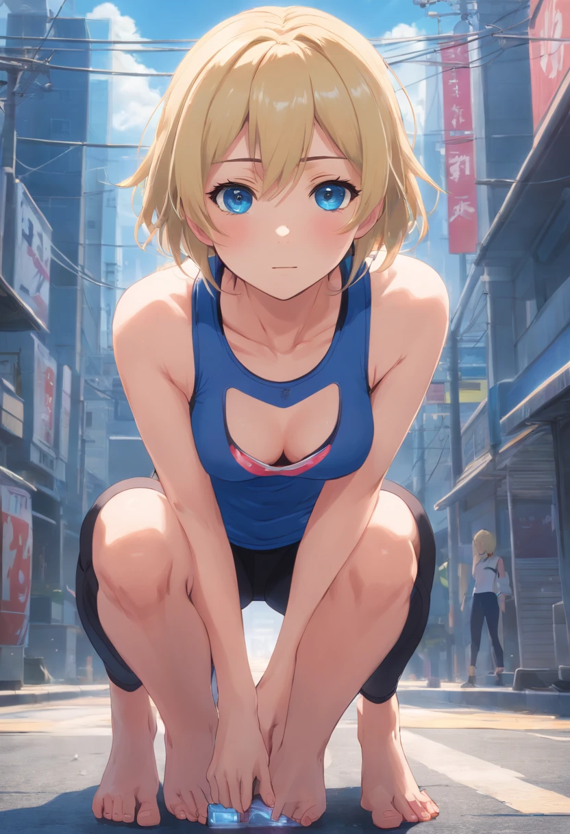 A white woman with unparalleled beauty、blue eyess、de pele branca、platinum-blonde、Hair is wavy、Semi-long hair、I can see the belly button、Split abdominal muscles、Slender yet well-proportioned muscular body、huge tit、Photorealistic images、8K picture quality、I'm punching my chest、I don't want my head to disappear from the screen.、I have a wristband on my wrist、Tall height and style like a model、Wearing a dark blue high-neck zipper-up tank top、wearing black leggings、Surviving in a zombie apocalypse