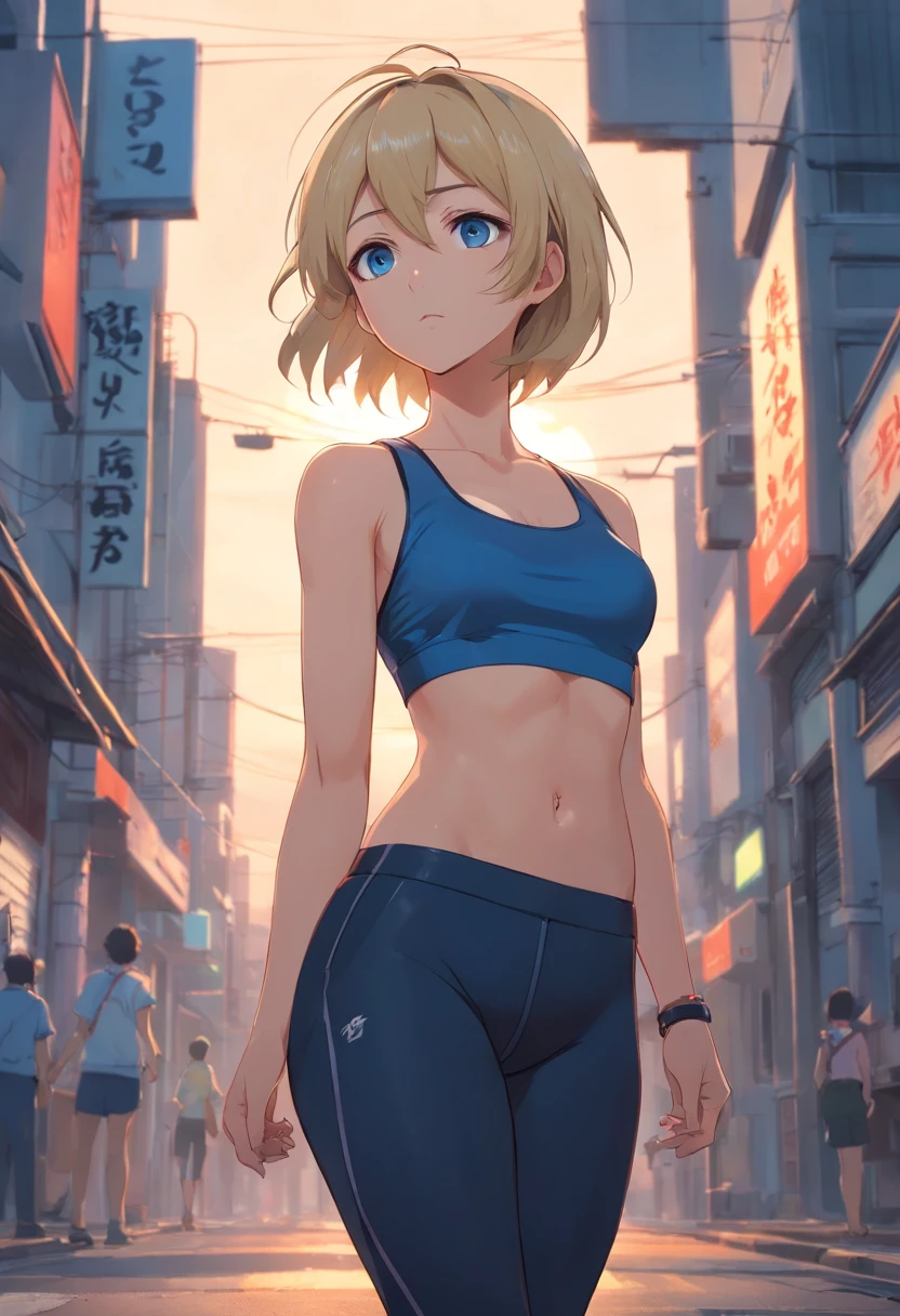 A white woman with unparalleled beauty、blue eyess、de pele branca、platinum-blonde、Hair is wavy、Semi-long hair、I can see the belly button、Split abdominal muscles、Slender yet well-proportioned muscular body、huge tit、Photorealistic images、8K picture quality、I&#39;m punching my chest、I don&#39;t want my head to disappear from the screen.、I have a wristband on my wrist、Tall height and style like a model、Wearing a dark blue high-neck zipper-up tank top、wearing black leggings、Surviving in a zombie apocalypse
