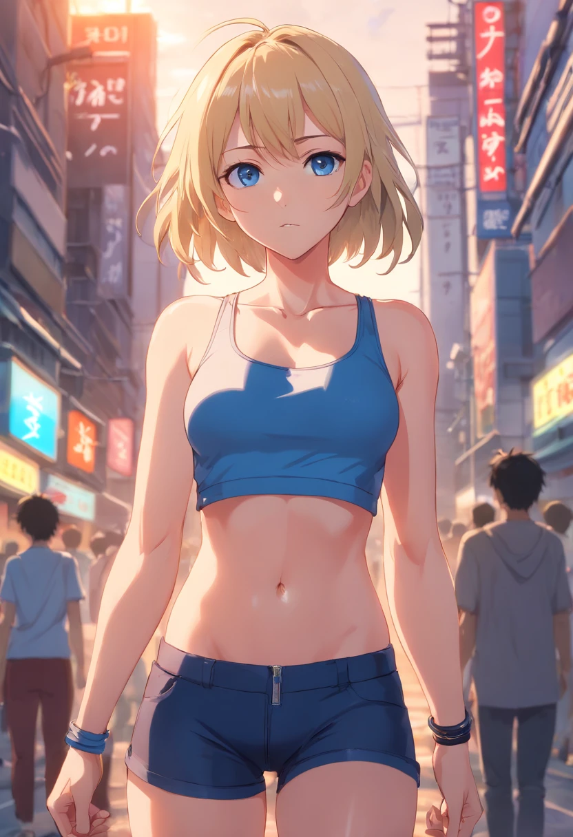 A white woman with unparalleled beauty、blue eyess、de pele branca、platinum-blonde、Hair is wavy、Semi-long hair、I can see the belly button、Split abdominal muscles、Slender yet well-proportioned muscular body、huge tit、Photorealistic images、8K picture quality、I'm punching my chest、I don't want my head to disappear from the screen.、I have a wristband on my wrist、Tall height and style like a model、Wearing a dark blue high-neck zipper-up tank top、wearing black leggings、Surviving in a zombie apocalypse