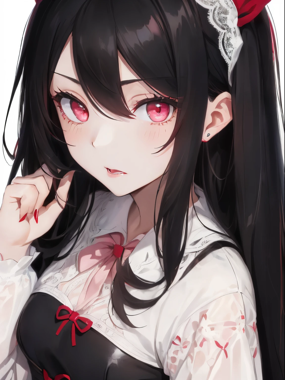 ((Black hair)),((Medium Hair)),((super straight hair)),((pale pink eyes)),(bishop sleeve long sleeve clothing),(White lace vest),(red wide hair band),((black leather long skirt)),((Feeling of fatigue and weakness)),((i&#39;I&#39;m reaching out to hold you)),Slight red tide,(Open your mouth and try chewing),(Vampires),((tusk)),(Yodare),(Kamimei),(((close up of face))),