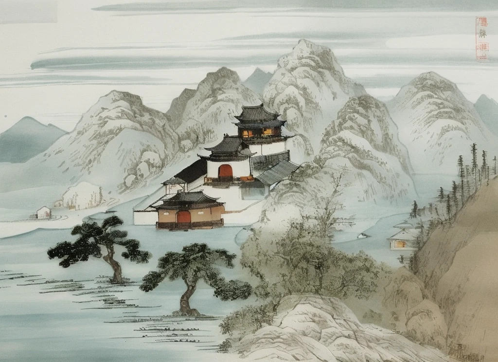 Mountain view with river and village, chinese brush pen illustration, z style art work.show on. to the, Pen illustration, Pen and ink illustration, full page illustration, Detailed view – width 672, The landscape, Chinese landscape, Inspired by::《Qiu Wentianjiang》