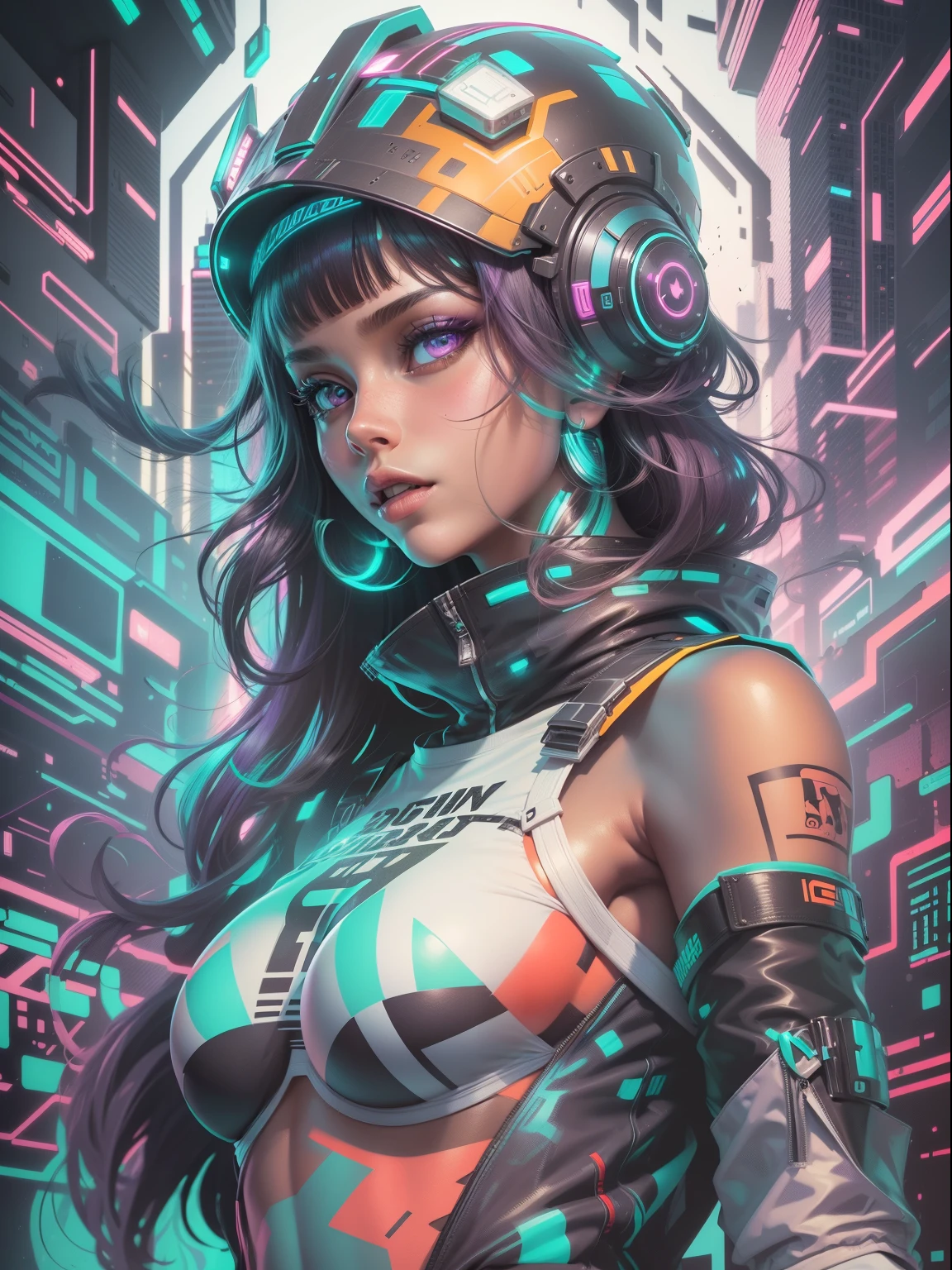 masterpiece, poster, dinamic composition, graphic design t-shirt, flat design, futuristic cyberpunk, girl in mix of tones, perfect body, goddess, shining skin, topless, sexy body, topless, flashing tits, natural tits, metal skin, metal nipples, laser beams, purple emissive eyes, colorful tones, clean highly detailed, vector image, smoke explosion, simple background, flat white background, vibrant composition, dinamic, bright vector ((white background) )