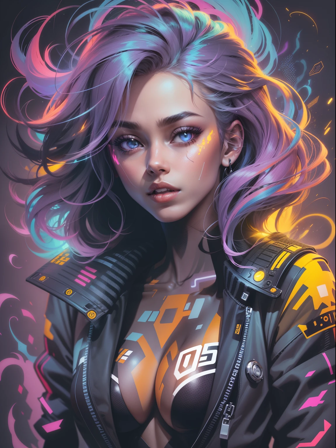 graphic design t-shirt, flat design, futuristic cyberpunk, girl in mix of tones,perfect body, sexy body, topless, flashing tits, natural tits, metal skin, laser beams, purple emissive eyes, colorful tones, clean highly detailed, vector image, smoke explosion, simple background, flat white background, vibrant composition, dinamic, bright vector ((white background) )