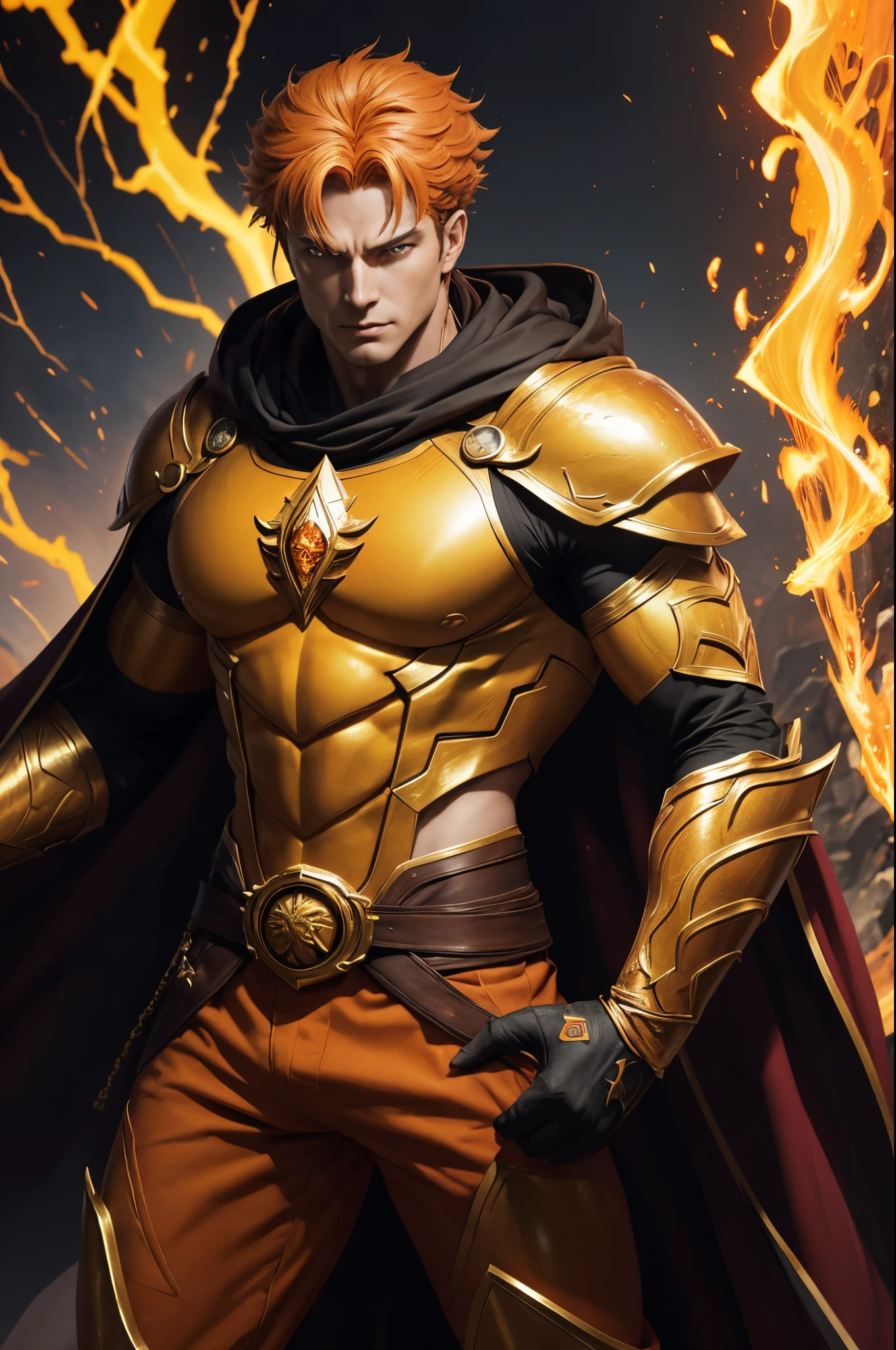 8K,super handsome god,Fearless face,Close-up of a man with orange hair and a cloak, muscular macho god,spews magma from the body(magma effect)Severely cracked abdominal muscles,Golden Eyes(Glowing gold effect)dio brando, handsome guy in demon slayer art, by Yang J, very detailed Artgerm, Stanley Artgerm Lau, Portrait of Lang, hero character art, by ruan jia and stanley artgerm, rossdraws digital painting, inspired by Yang Jin, Artgerm jsc,超A high resolution,super realistic skin,Fantasyart,(​masterpiece)Deities々new red, yellow and orange armor(3 color tones)luxury black pants,luxurious leg armor,Gorgeous red, orange and yellow gauntlets(3 color tones)Release magma aura from your body(magma effect)