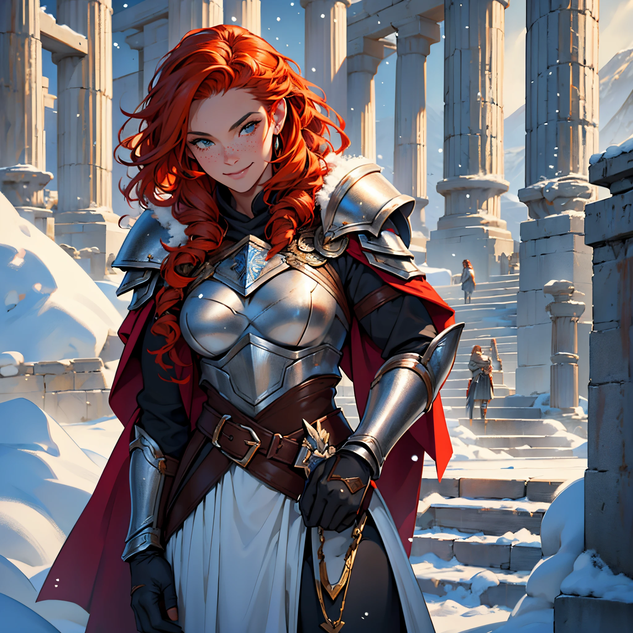 ​masterpiece, Best Quality, 4k, Background with:In front of the snow-covered stairs of a Greek temple with snow-capped mountains in the distance, One female Valkyrie warrior wearing silver armor and dark red cloak, very curly orange hair, full of freckles, Smiley, Fantasy, close up portrait photo
