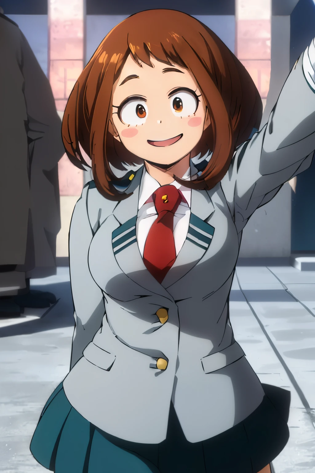 masuter piece, Best Quality, 超A high resolution, Anime style, The best lighting, Beautiful face, ​masterpiece、top-quality、ultra-detailliert、细致背景、1girl in、独奏、A smile、Ochako Uraraka、looking at the viewers、large full breasts、School Uniforms, Holding your stomach and smiling