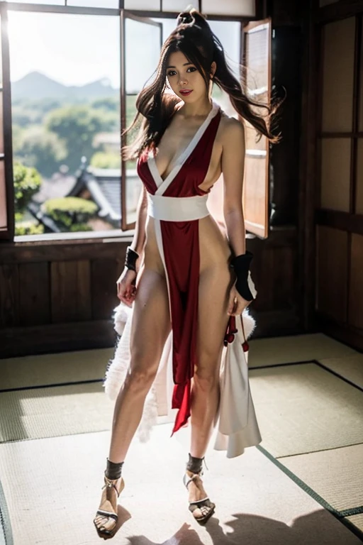 mai shiranui, Brown eyes, (Full body portrait:1.4), Full body, (skinny), Prestige, Long hair, Brown hair, White ribbon, Sleeveless, poneyTail, sash, pelvis curtain, arm guards, mitts, (tabi:1.4), fascinated expression, Sexy eyes, medium breasts, Smile, Cute, view the viewer, Long hair, Close to Japan temple, (breasts focus:1.2), (Realistic:1.2), (Full Shot: 1.2), (Realism), (masutepiece:1.2), (Best Quality), (ultra-detailliert), (8K, 4K, Convoluted), (85 mm), light Particle, Lighting, (Highly detailed:1.2), (Detailed face:1.2), (gradients), SFV, Colorful, (Detailed eyes:1.2), (Detailed temples of Japan: 1.2),(Detailed background), (Dynamic Angle:1.2), (Dynamic Pose:1.2), (Line of action:1.2), Wide Shot, Daylight, Solo.