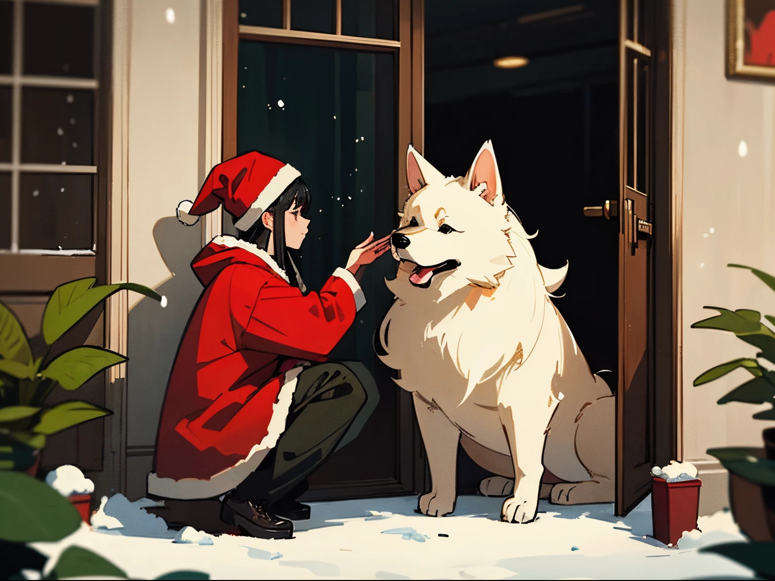 A 20-year-old black-haired woman petting a dog, Calm、Gentle light、black backgrounds、Coffee、head shot、Large houseplants、Lo-Fi Illustration、house entrance door、tome'It's snowing outside、a relaxing sight、Woman in hoodie、Red Santa Hat、looks sleepy、Green clothing、A big fluffy dog is sitting next to me.、Cute dog、golden coat dog、The dog is also wearing a Santa hat、The perfect dog